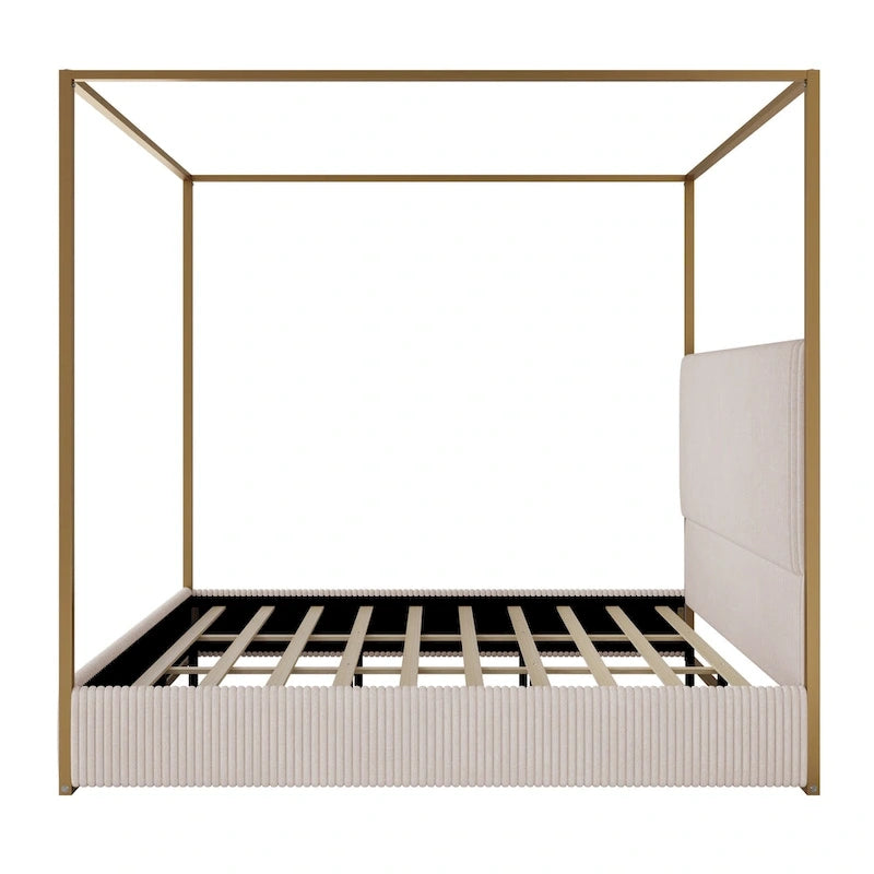 Metal Canopy Frame Platform Bed with Vertical Stripe Upholstered Headboard Wingback Bed, Four Poster Bed, Low Profile Panel Bed