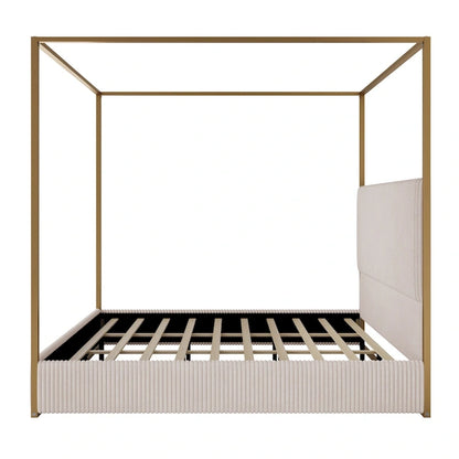 Metal Canopy Frame Platform Bed with Vertical Stripe Upholstered Headboard Wingback Bed, Four Poster Bed, Low Profile Panel Bed