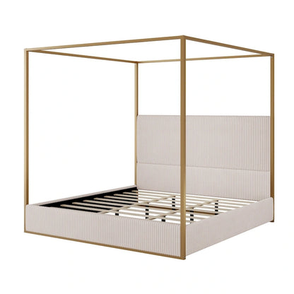 Metal Canopy Frame Platform Bed with Vertical Stripe Upholstered Headboard Wingback Bed, Four Poster Bed, Low Profile Panel Bed