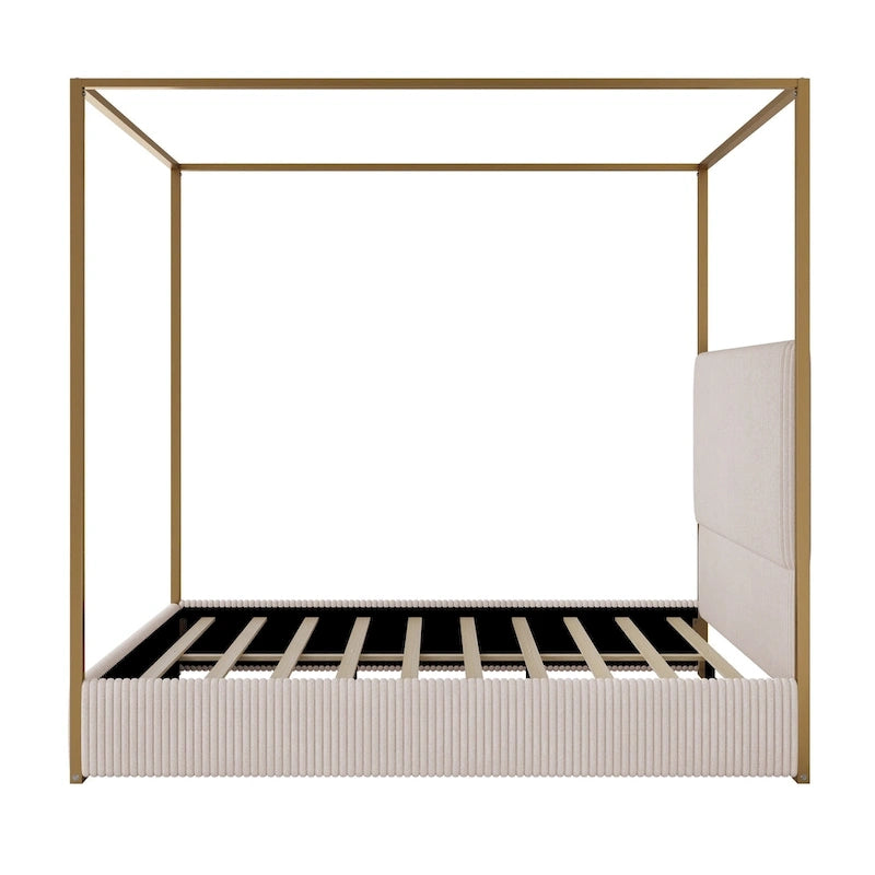 Metal Canopy Frame Platform Bed with Vertical Stripe Upholstered Headboard Wingback Bed, Four Poster Bed, Low Profile Panel Bed