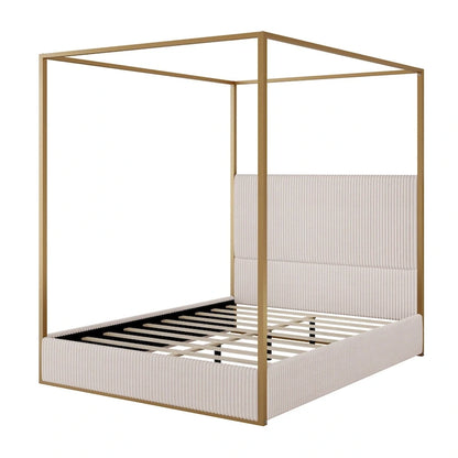 Metal Canopy Frame Platform Bed with Vertical Stripe Upholstered Headboard Wingback Bed, Four Poster Bed, Low Profile Panel Bed