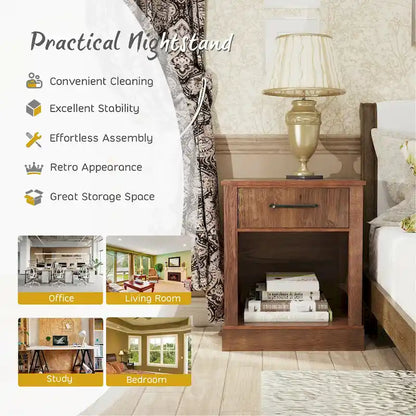 Gymax Nightstand with Drawer and Shelf Rustic Wooden Bedside Table