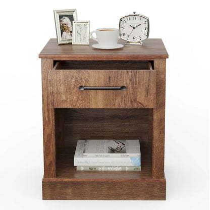 Gymax Nightstand with Drawer and Shelf Rustic Wooden Bedside Table