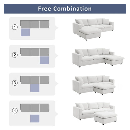 L-shaped Sectional Cloud Couch Set w/Throw Pillows, Ottoman, Wide Seat