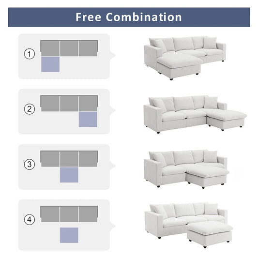 L-shaped Sectional Cloud Couch Set w/Throw Pillows, Ottoman, Wide Seat