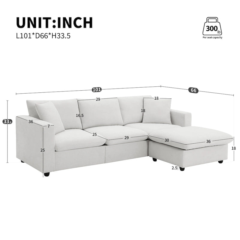 L-shaped Sectional Cloud Couch Set w/Throw Pillows, Ottoman, Wide Seat