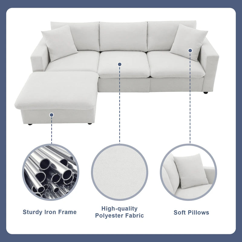 L-shaped Sectional Cloud Couch Set w/Throw Pillows, Ottoman, Wide Seat