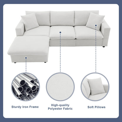 L-shaped Sectional Cloud Couch Set w/Throw Pillows, Ottoman, Wide Seat