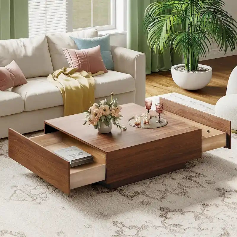 Mid Century Modern Coffee Table, Minimalist Wood Veneer Coffee Table with Storage for Living Room, Fully-assembled
