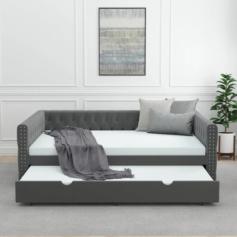 Grey Full Size Velvet Upholstered Daybed with Button and Copper Nails
