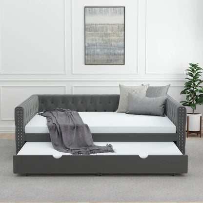 Grey Full Size Velvet Upholstered Daybed with Button and Copper Nails