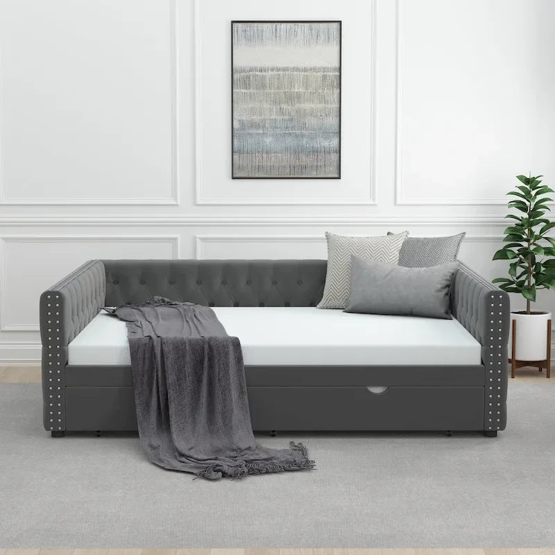 Grey Full Size Velvet Upholstered Daybed with Button and Copper Nails