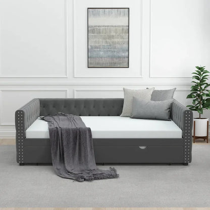 Grey Full Size Velvet Upholstered Daybed with Button and Copper Nails