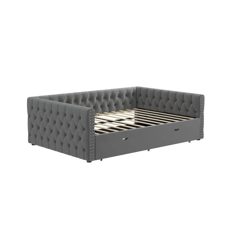 Grey Full Size Velvet Upholstered Daybed with Button and Copper Nails