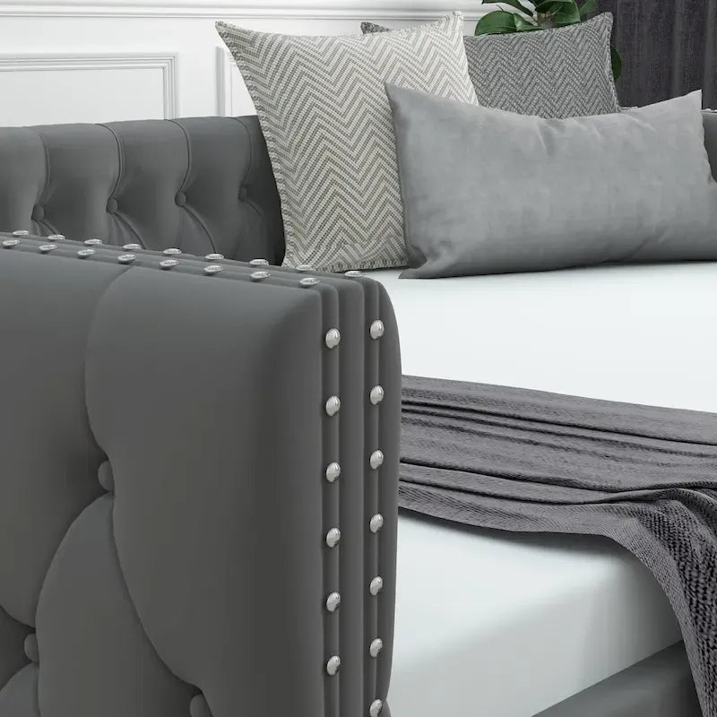 Grey Full Size Velvet Upholstered Daybed with Button and Copper Nails