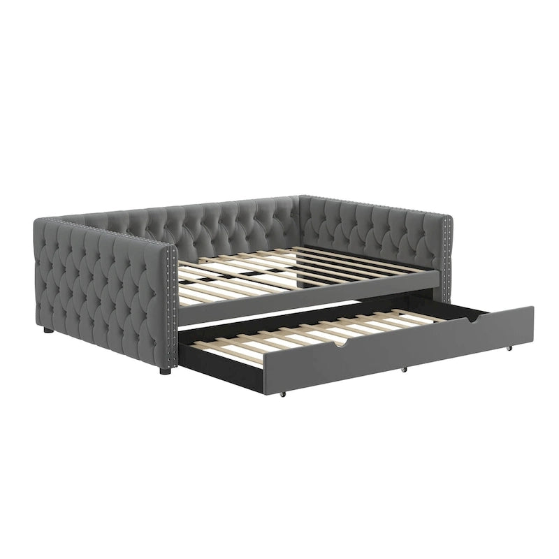 Grey Full Size Velvet Upholstered Daybed with Button and Copper Nails