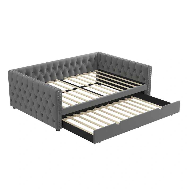 Grey Full Size Velvet Upholstered Daybed with Button and Copper Nails