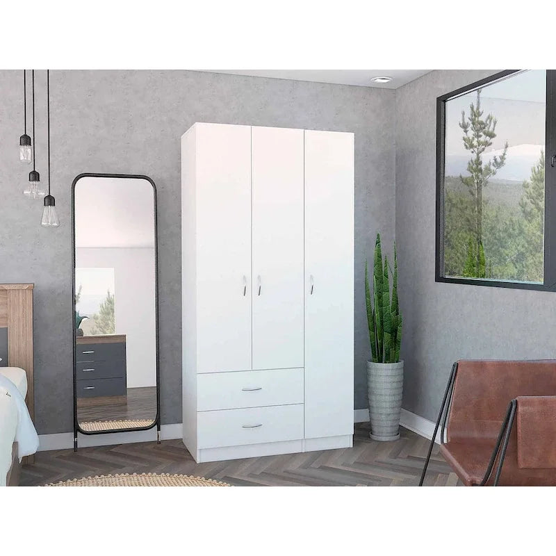 35.4 Modern Three-door Armoire with Drawers, Shelves and Hanging Rod for Bedroom