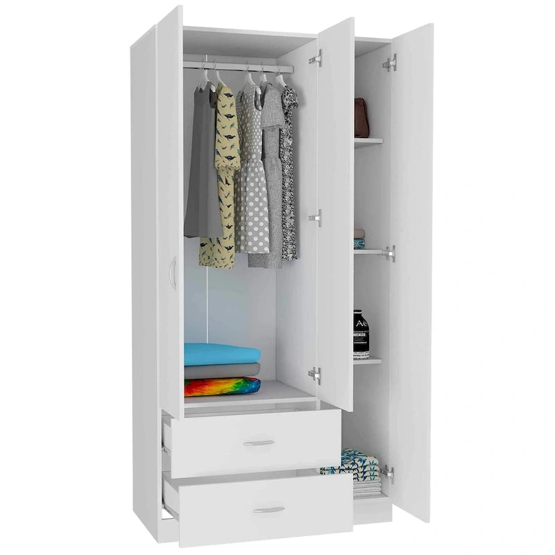 35.4 Modern Three-door Armoire with Drawers, Shelves and Hanging Rod for Bedroom
