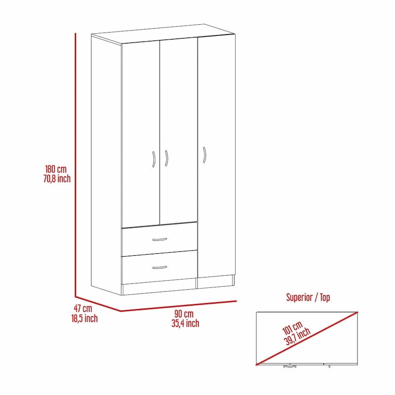 35.4 Modern Three-door Armoire with Drawers, Shelves and Hanging Rod for Bedroom