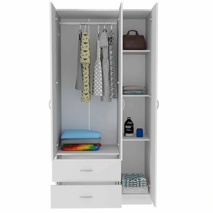 35.4 Modern Three-door Armoire with Drawers, Shelves and Hanging Rod for Bedroom