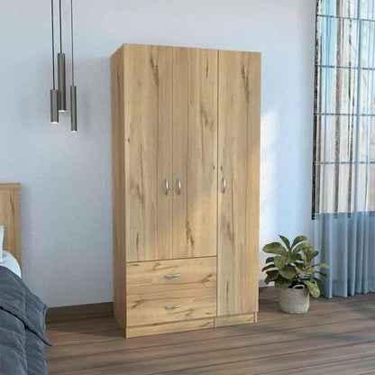 35.4 Modern Three-door Armoire with Drawers, Shelves and Hanging Rod for Bedroom