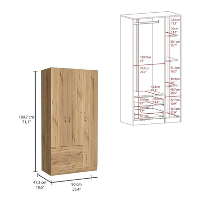 35.4 Modern Three-door Armoire with Drawers, Shelves and Hanging Rod for Bedroom