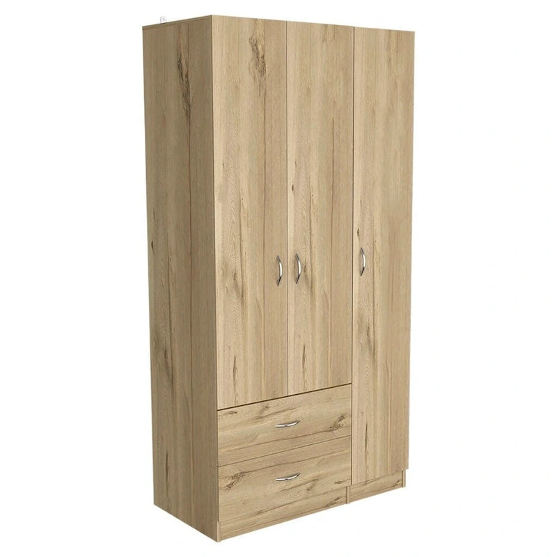 35.4 Modern Three-door Armoire with Drawers, Shelves and Hanging Rod for Bedroom