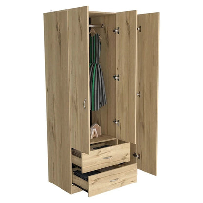 35.4 Modern Three-door Armoire with Drawers, Shelves and Hanging Rod for Bedroom
