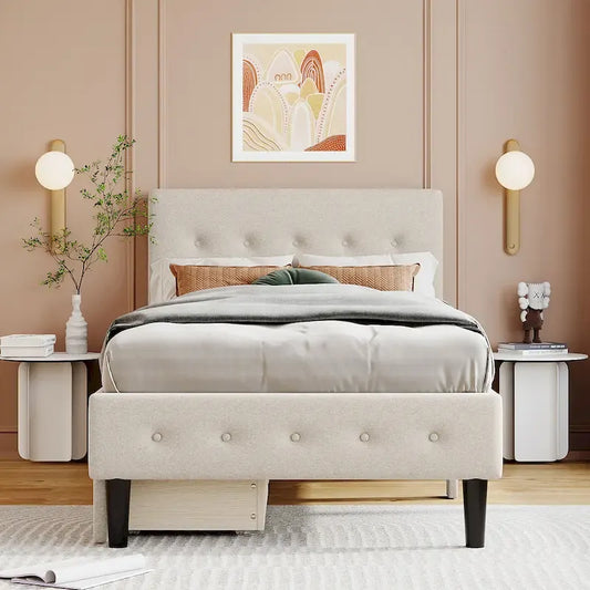 Twin Size Tufted Linen Upholstered Platform Bed with 2 Drawers
