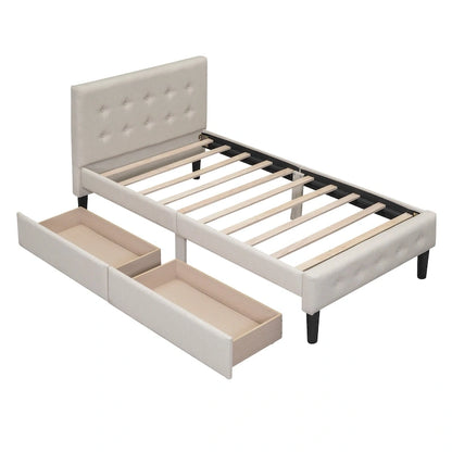 Twin Size Tufted Linen Upholstered Platform Bed with 2 Drawers