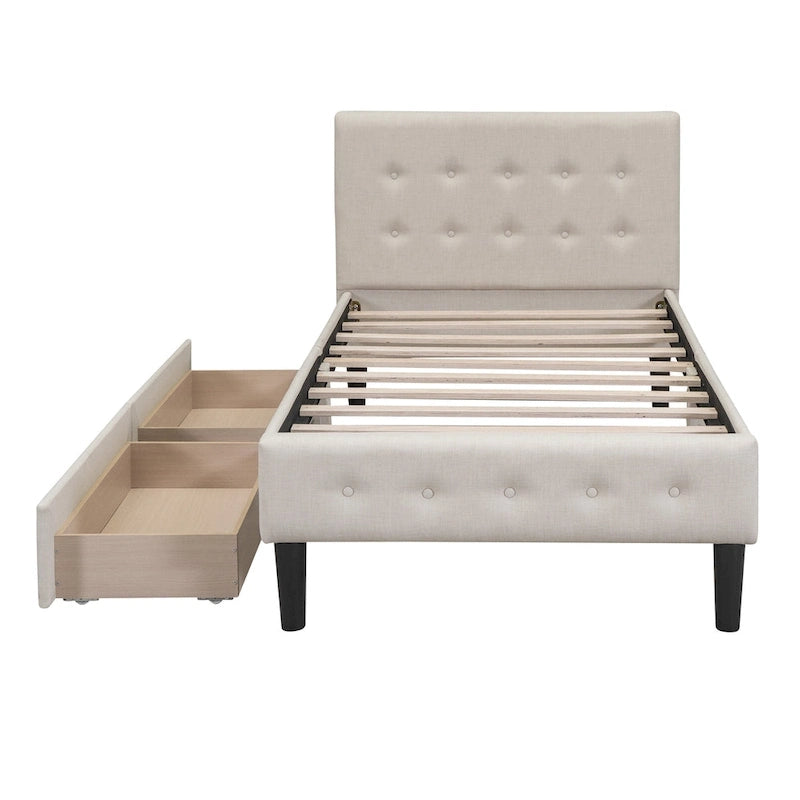 Twin Size Tufted Linen Upholstered Platform Bed with 2 Drawers