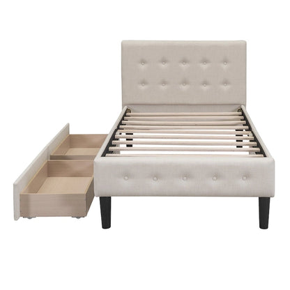 Twin Size Tufted Linen Upholstered Platform Bed with 2 Drawers