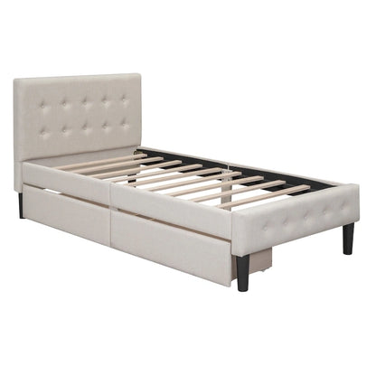Twin Size Tufted Linen Upholstered Platform Bed with 2 Drawers