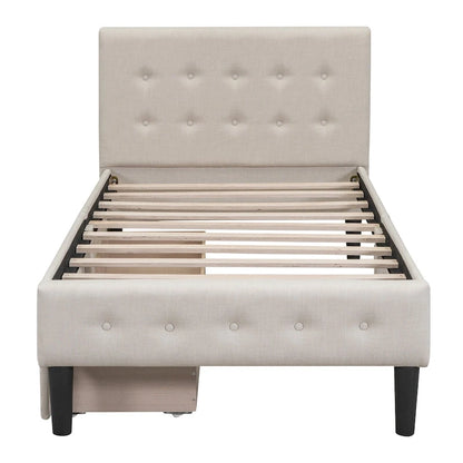 Twin Size Tufted Linen Upholstered Platform Bed with 2 Drawers