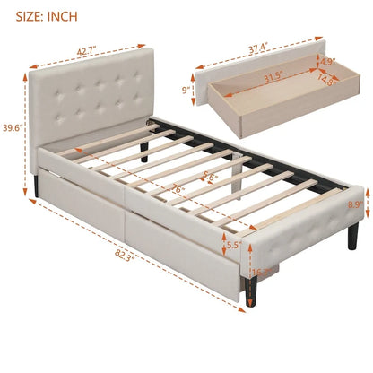Twin Size Tufted Linen Upholstered Platform Bed with 2 Drawers