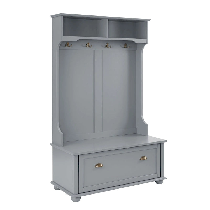Coastal Style Hall Tree Entryway Bench with Shelves and Shoe Cabinets
