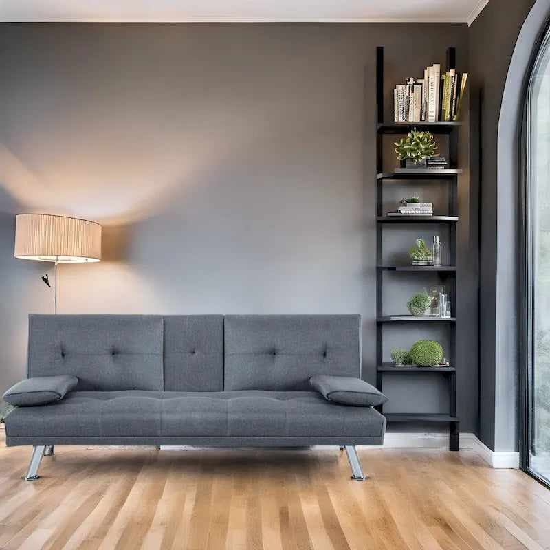 Ultimate Futon Sofa Collection: Futon Sofa with Armrest and Cupholders, Button Tufted Sofa with Wooden Legs