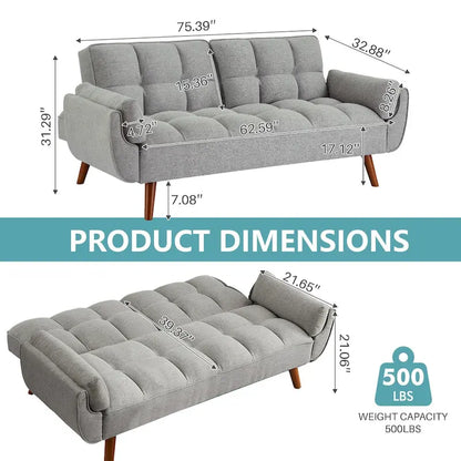 75.39 IN. Futon Sofa Bed, Convertible Upholstered Couch Sleeper with Reclining Sleeper Split Tufted Back
