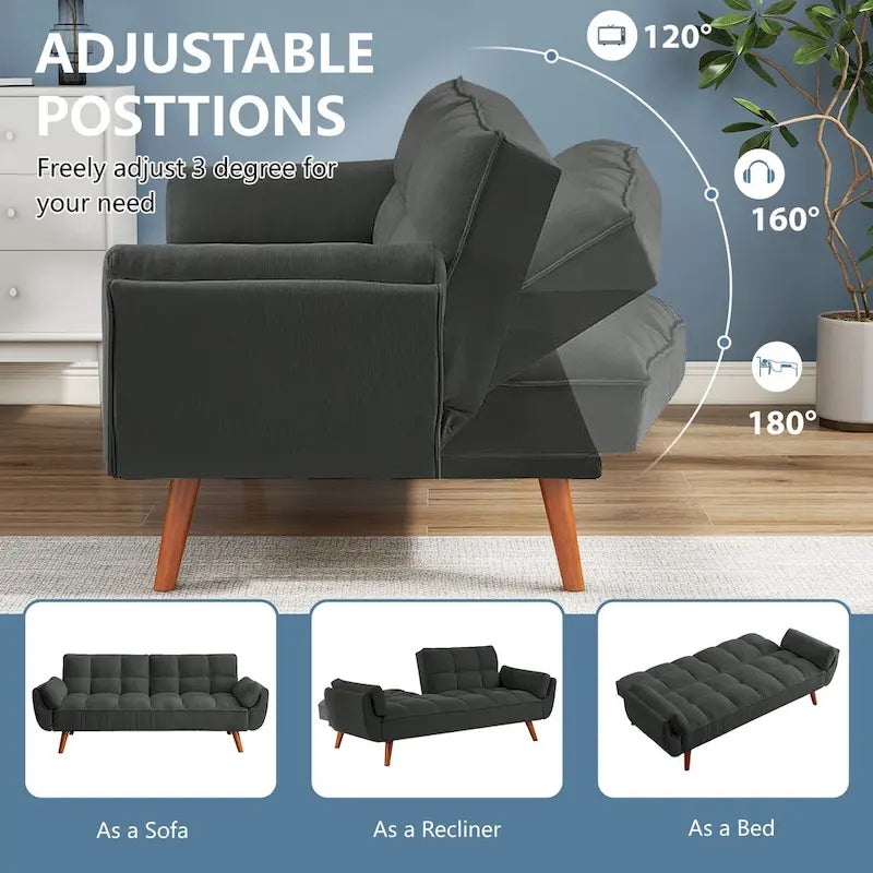 75.39 IN. Futon Sofa Bed, Convertible Upholstered Couch Sleeper with Reclining Sleeper Split Tufted Back