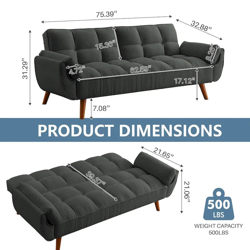 75.39 IN. Futon Sofa Bed, Convertible Upholstered Couch Sleeper with Reclining Sleeper Split Tufted Back