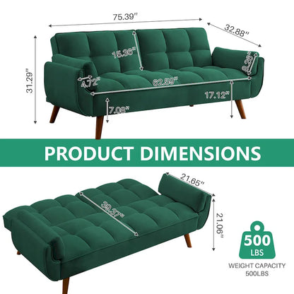 75.39 IN. Futon Sofa Bed, Convertible Upholstered Couch Sleeper with Reclining Sleeper Split Tufted Back