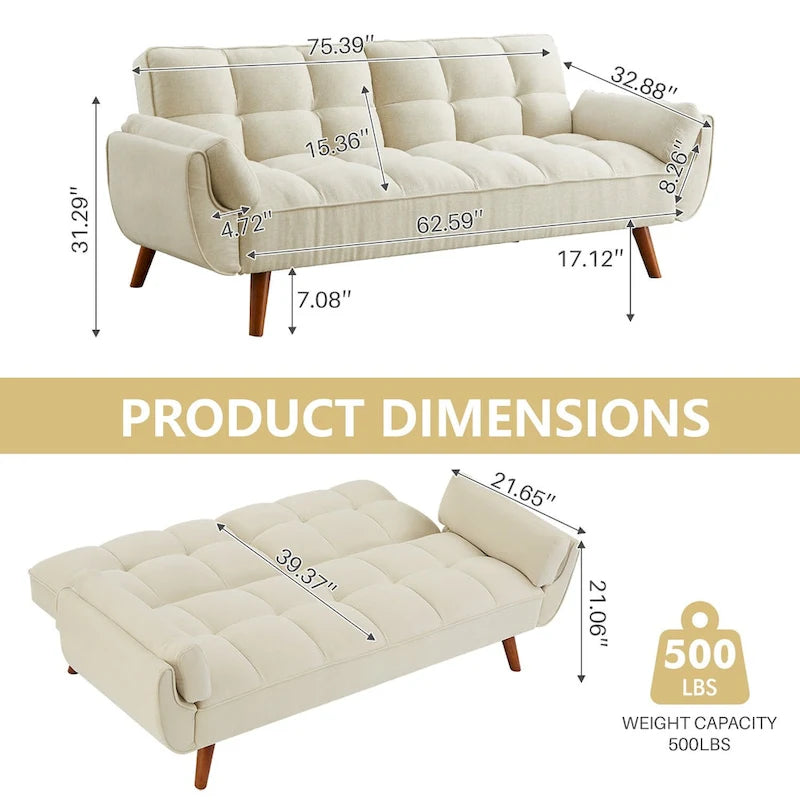 75.39 IN. Futon Sofa Bed, Convertible Upholstered Couch Sleeper with Reclining Sleeper Split Tufted Back