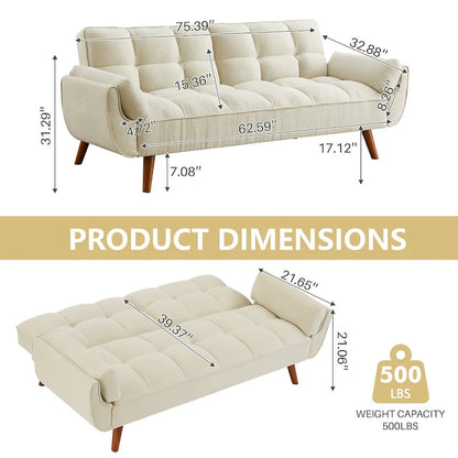 75.39 IN. Futon Sofa Bed, Convertible Upholstered Couch Sleeper with Reclining Sleeper Split Tufted Back
