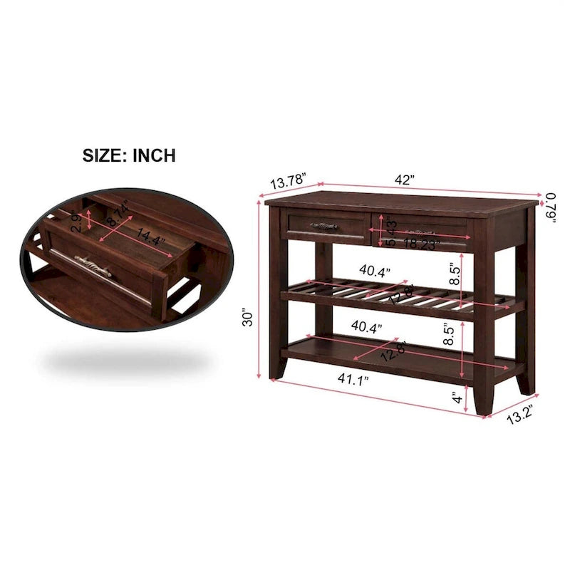 Mid-Century Style Console Sofa Table Solid Wood Buffet Sideboard with 2 Storage Drawers and 2 Tiers Shelves