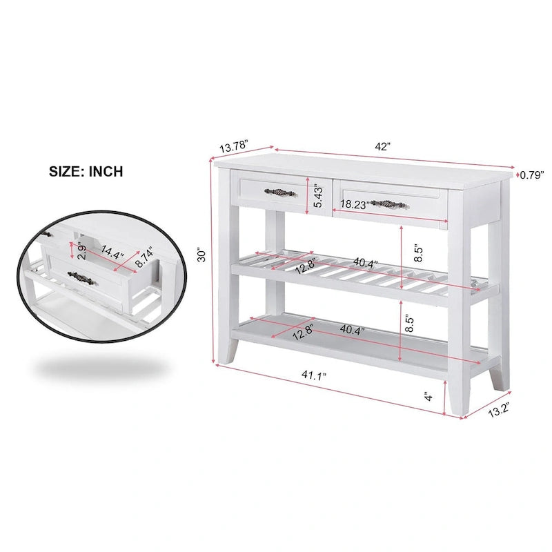 Mid-Century Style Console Sofa Table Solid Wood Buffet Sideboard with 2 Storage Drawers and 2 Tiers Shelves