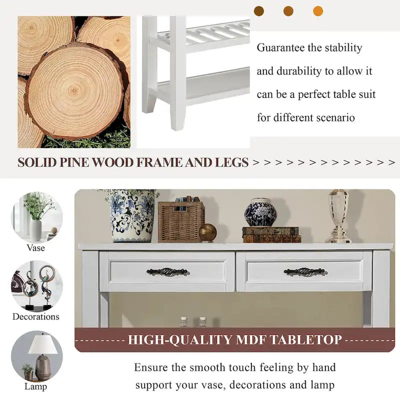 Mid-Century Style Console Sofa Table Solid Wood Buffet Sideboard with 2 Storage Drawers and 2 Tiers Shelves