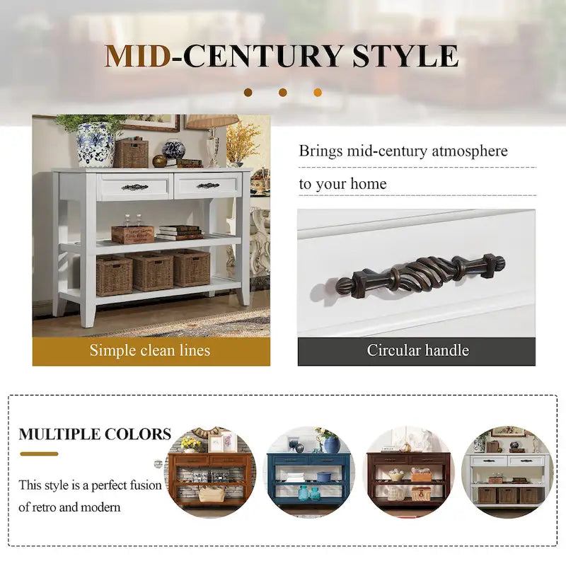 Mid-Century Style Console Sofa Table Solid Wood Buffet Sideboard with 2 Storage Drawers and 2 Tiers Shelves
