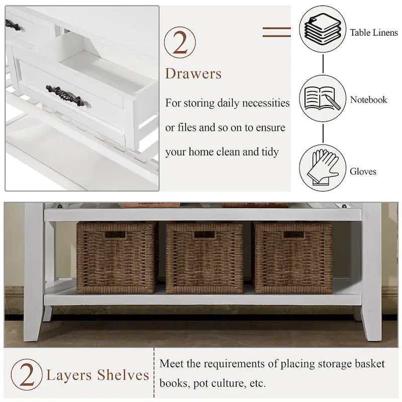 Mid-Century Style Console Sofa Table Solid Wood Buffet Sideboard with 2 Storage Drawers and 2 Tiers Shelves