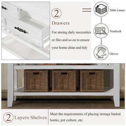 Mid-Century Style Console Sofa Table Solid Wood Buffet Sideboard with 2 Storage Drawers and 2 Tiers Shelves